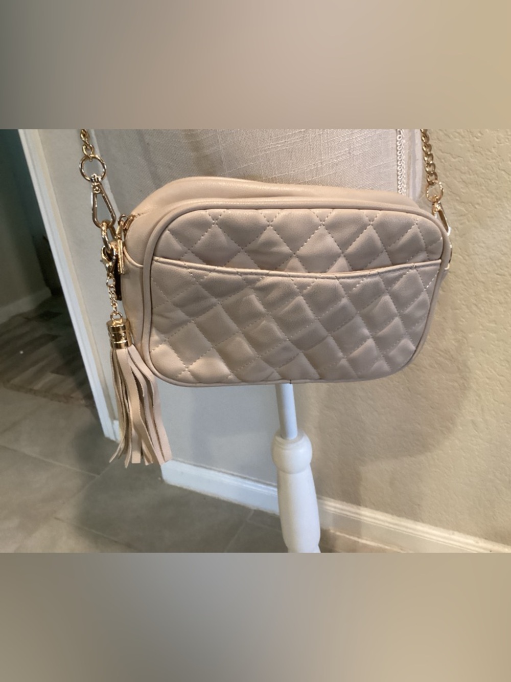 Lola Mae Quilted Crossbody Bag with Tassel in Beige - Picture 3 of 8